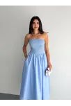 Straplez Pileli Elbise - Açık Mavi