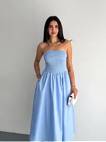 Straplez Pileli Elbise - Açık Mavi