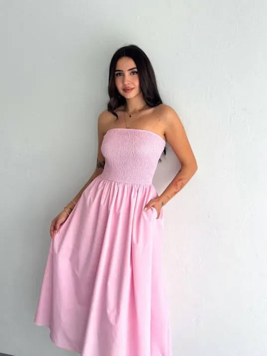 Straplez Pileli Elbise - Pembe