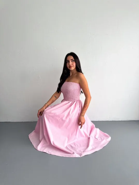Straplez Pileli Elbise - Pembe
