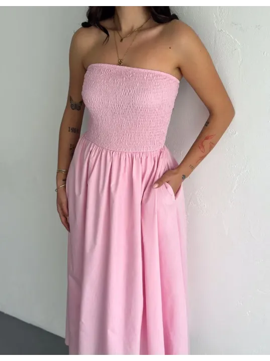 Straplez Pileli Elbise - Pembe