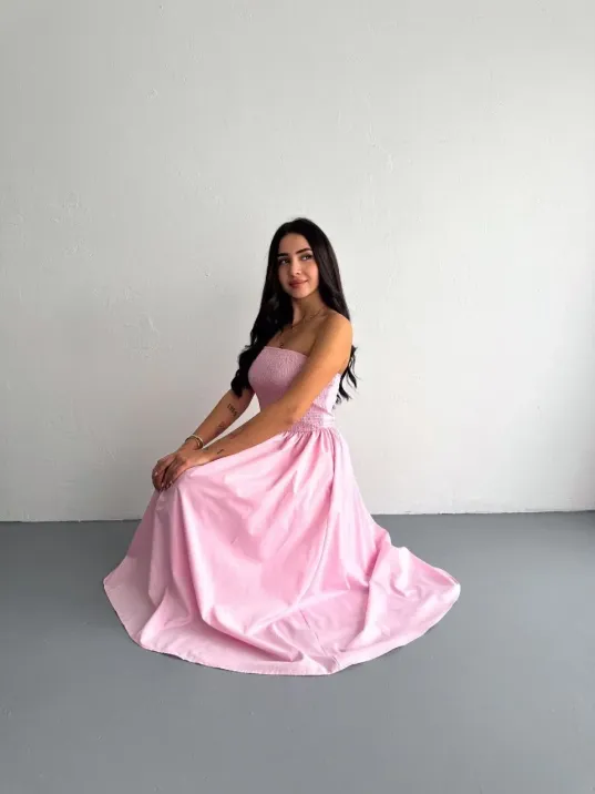 Straplez Pileli Elbise - Pembe