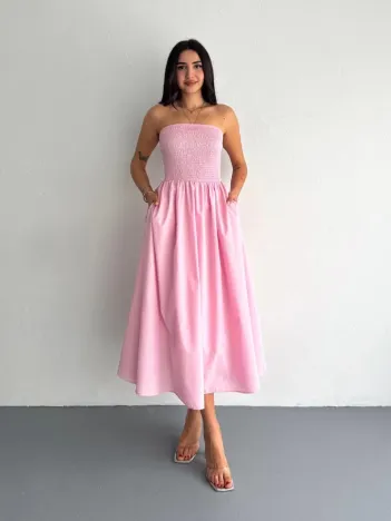 Straplez Pileli Elbise - Pembe Straplez Pileli Elbise - Pembe