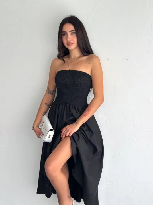 Straplez Pileli Elbise - Siyah Straplez Pileli Elbise - Siyah