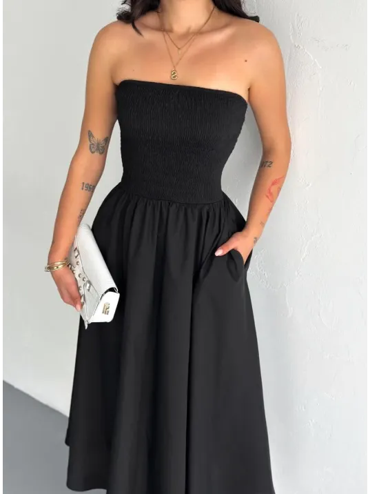 Straplez Pileli Elbise - Siyah Straplez Pileli Elbise - Siyah