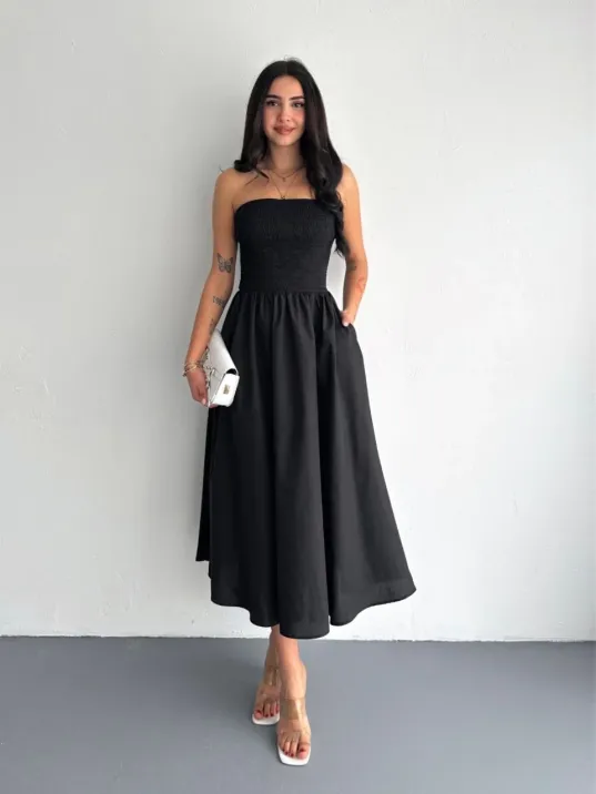 Straplez Pileli Elbise - Siyah Straplez Pileli Elbise - Siyah