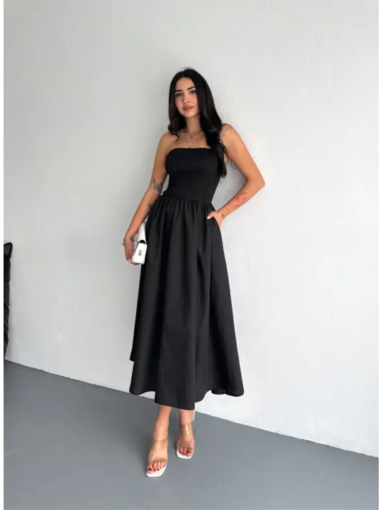Straplez Pileli Elbise - Siyah Straplez Pileli Elbise - Siyah