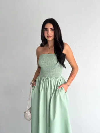 Straplez Pileli Elbise - Su Yeşili