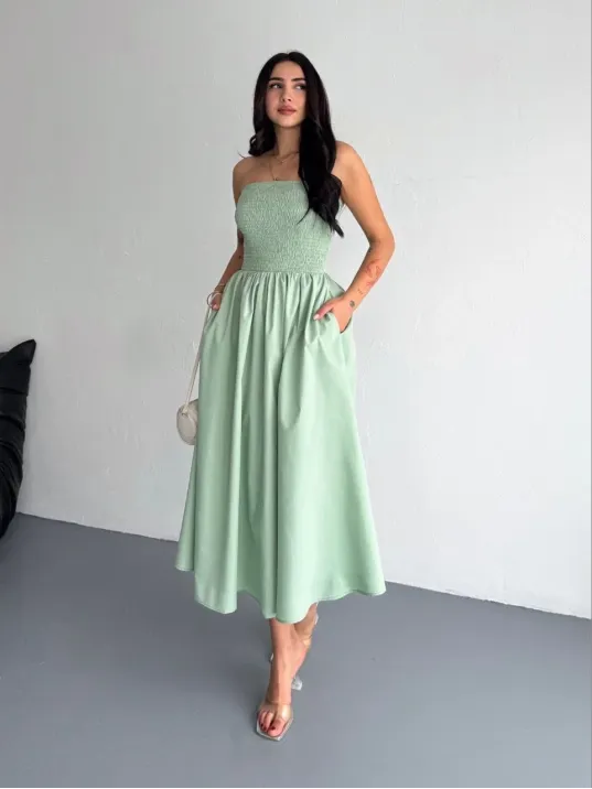 Straplez Pileli Elbise - Su Yeşili