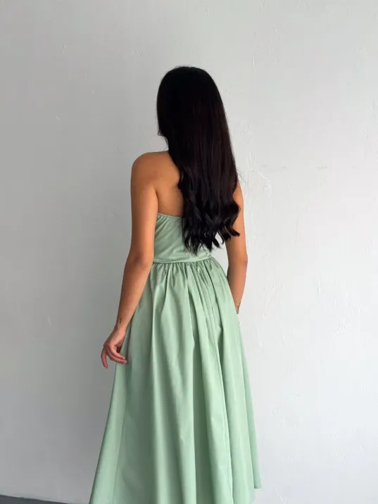 Straplez Pileli Elbise - Su Yeşili