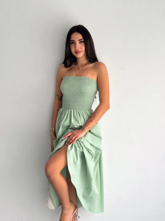 Straplez Pileli Elbise - Su Yeşili