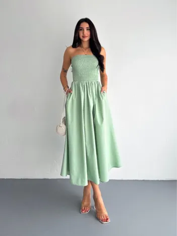 Straplez Pileli Elbise - Su Yeşili Straplez Pileli Elbise - Su Yeşili