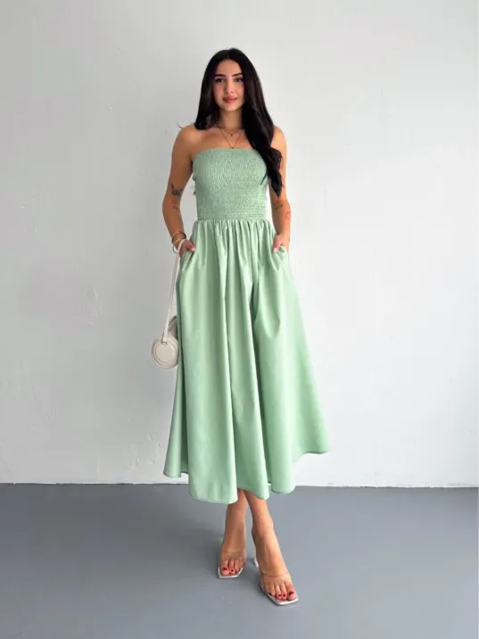 Straplez Pileli Elbise - Su Yeşili