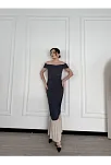 Striptiz Omuzlu Uzun Elbise- Füme