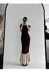 Striptiz Omuzlu Uzun Elbise- Kahve