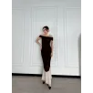 Striptiz Omuzlu Uzun Elbise- Kahve