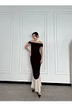 Striptiz Omuzlu Uzun Elbise- Kahve