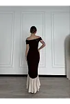 Striptiz Omuzlu Uzun Elbise- Kahve