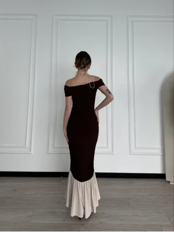 Striptiz Omuzlu Uzun Elbise- Kahve Striptiz Omuzlu Uzun Elbise- Kahve