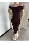 Striptiz Omuzlu Uzun Elbise- Kahve
