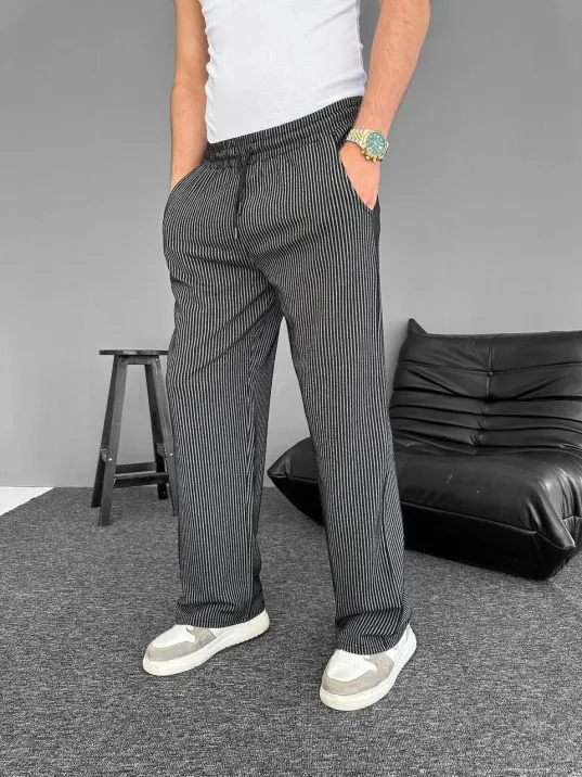 Su Yolu Çizgili Cepli Pantalon - Siyah