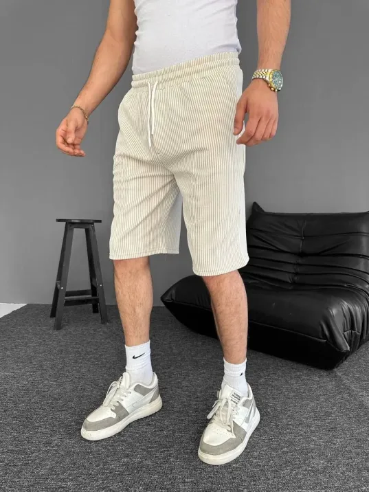 Su Yolu Çizgili Ön Arka Cepli Şort Yazlık Nefes Alabilir - Bej Su Yolu Çizgili Ön Arka Cepli Şort Yazlık Nefes Alabilir - Bej