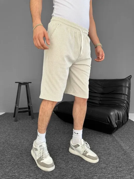 Su Yolu Çizgili Ön Arka Cepli Şort Yazlık Nefes Alabilir - Bej Su Yolu Çizgili Ön Arka Cepli Şort Yazlık Nefes Alabilir - Bej