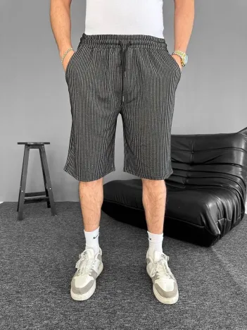 Su Yolu Çizgili Ön Arka Cepli Şort Yazlık Nefes Alabilir - Siyah Su Yolu Çizgili Ön Arka Cepli Şort Yazlık Nefes Alabilir - Siyah