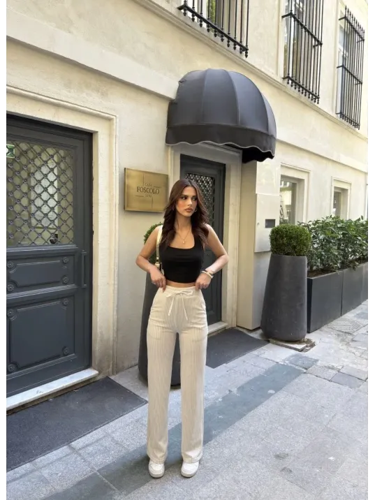 Su Yolu Çizgili Kolay Kombinle Ne Bilir Cepli Pantolon - Bej