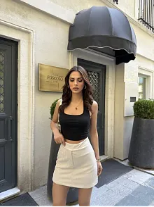 Su Yolu Çizgili Kolay Kombinle Ne Bilir Mini Boy Etek - Bej