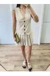 Keten Takım Görünümlü Düğme Detaylı Yelekli Mini Elbise - Bej Keten Takım Görünümlü Düğme Detaylı Yelekli Mini Elbise - Bej