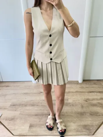 Keten Takım Görünümlü Düğme Detaylı Yelekli Mini Elbise - Bej Keten Takım Görünümlü Düğme Detaylı Yelekli Mini Elbise - Bej