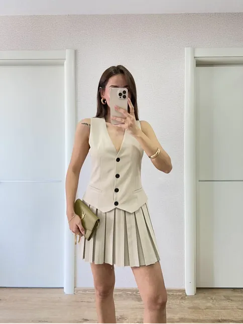 Keten Takım Görünümlü Düğme Detaylı Yelekli Mini Elbise - Bej