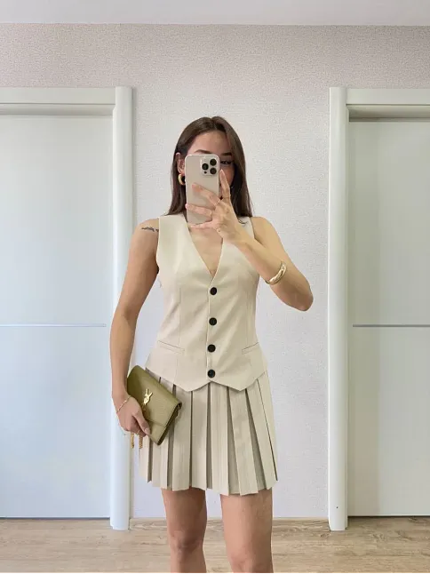Keten Takım Görünümlü Düğme Detaylı Yelekli Mini Elbise - Bej
