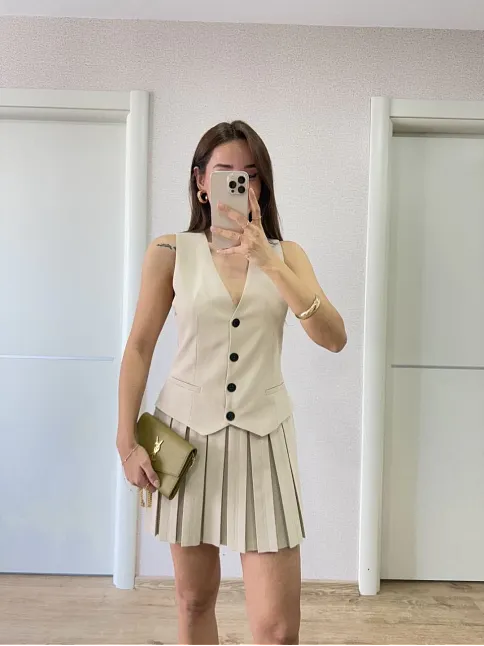 Keten Takım Görünümlü Düğme Detaylı Yelekli Mini Elbise - Bej