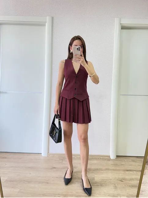 Keten Takım Görünümlü Düğme Detaylı Yelekli Mini Elbise - Bordo