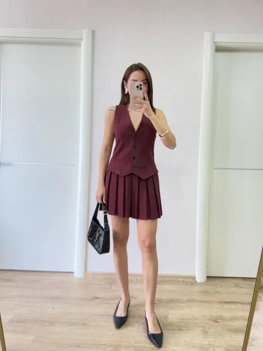 Keten Takım Görünümlü Düğme Detaylı Yelekli Mini Elbise - Bordo