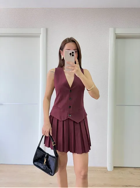 Keten Takım Görünümlü Düğme Detaylı Yelekli Mini Elbise - Bordo