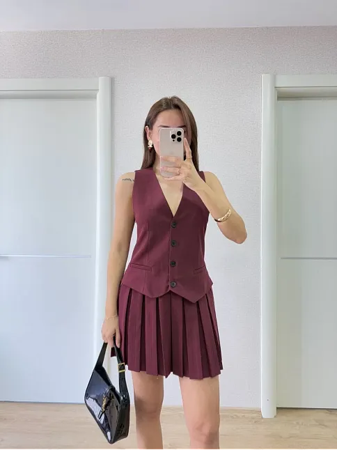 Keten Takım Görünümlü Düğme Detaylı Yelekli Mini Elbise - Bordo