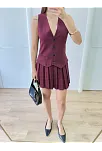 Keten Takım Görünümlü Düğme Detaylı Yelekli Mini Elbise - Bordo