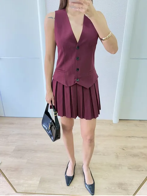 Keten Takım Görünümlü Düğme Detaylı Yelekli Mini Elbise - Bordo