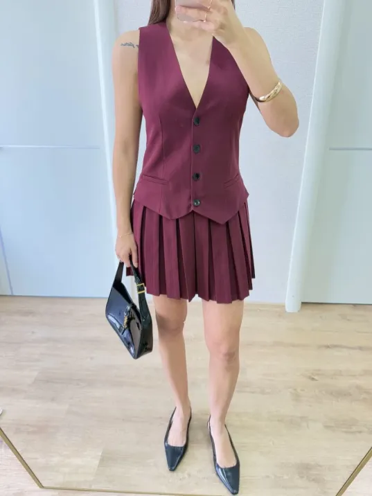 Keten Takım Görünümlü Düğme Detaylı Yelekli Mini Elbise - Bordo