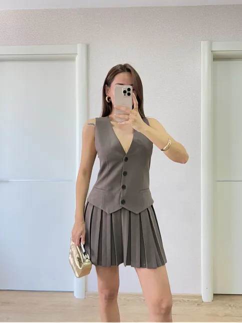 Keten Takım Görünümlü Düğme Detaylı Yelekli Mini Elbise - Füme