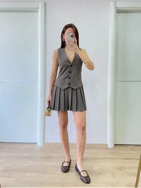 Keten Takım Görünümlü Düğme Detaylı Yelekli Mini Elbise - Füme