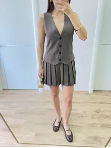 Keten Takım Görünümlü Düğme Detaylı Yelekli Mini Elbise - Füme