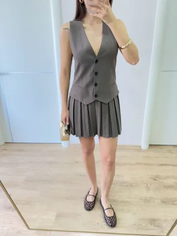 Keten Takım Görünümlü Düğme Detaylı Yelekli Mini Elbise - Füme