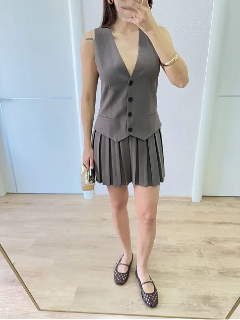 Keten Takım Görünümlü Düğme Detaylı Yelekli Mini Elbise - Füme