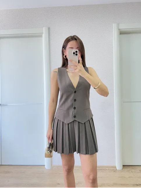 Keten Takım Görünümlü Düğme Detaylı Yelekli Mini Elbise - Füme