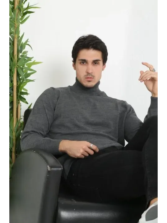 Unisex Tam Boğazlı Balıkçı Yaka Dokuma Triko - Füme