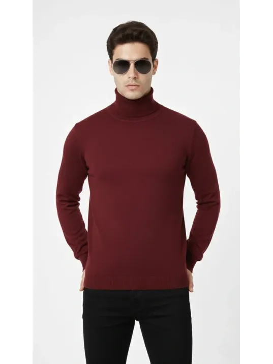 Tam Boğazlı Balıkcı Yaka Triko Kazak Yumuşak Dokulu Pamuklu İnce Dokuma, Uzun Kollu Rahat Regular Kalıp - Bordo